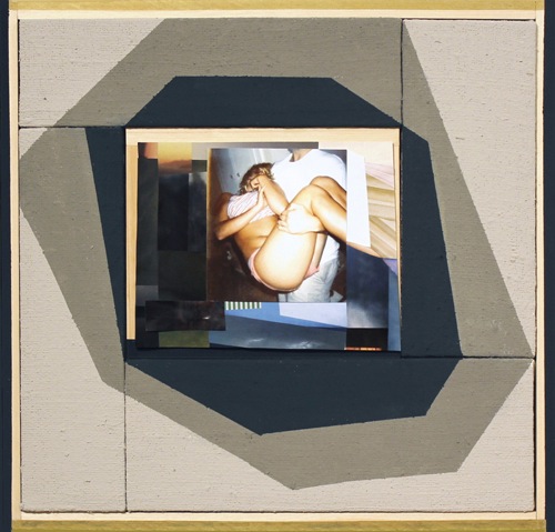 Jen Schwarting, ?Image Search (Drunk Girls) #2,? 2012. Wood, burlap, paint, collage, plexi-glass. 27? x 23?. Courtesy the artist.